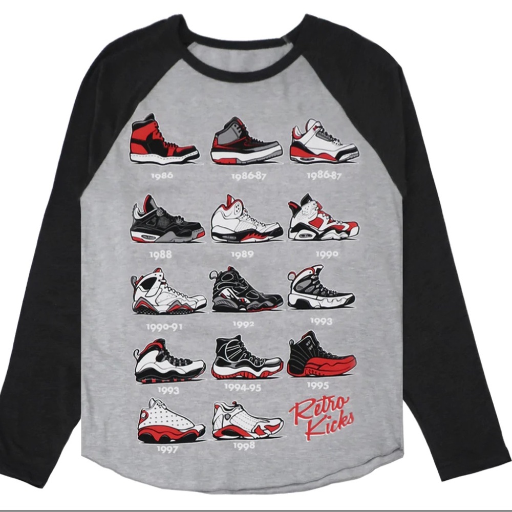 Retro Kicks Men's Evolution of Jordan Shoes Graphic Long Sleeve Tee T-Shirt NWOT